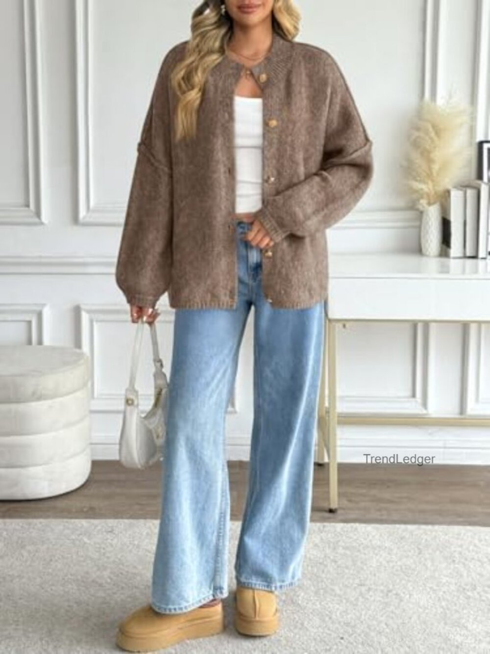 Oversized Chunky Knit Cardigan Long Lantern Sleeve Button Down Cozy Trendy - Picture 6 of 6